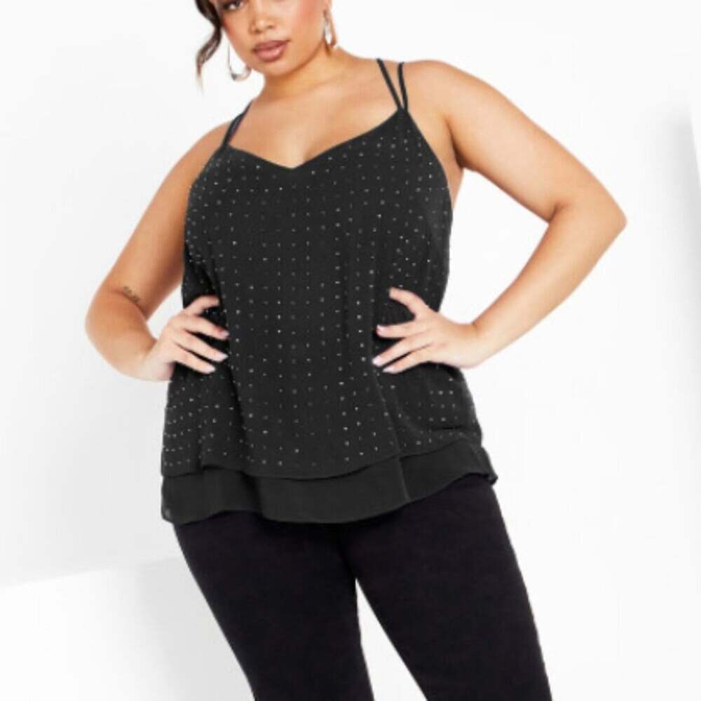 City Chic Studded Strappy Double Layer Chiffon Tank Black 16